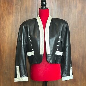 80s Black and White Vintage Leather Jacket M